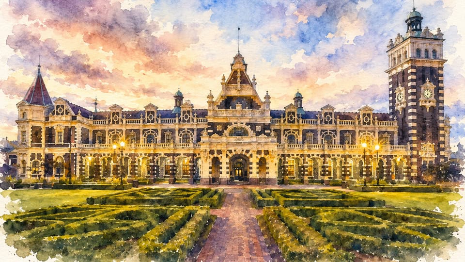 Watercolor painting of a grand European train station with a tall clock tower on the right and ornate façades, set above a formal garden.