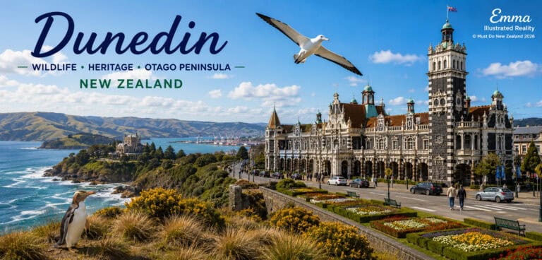 Free-things-to-do-in-Dunedin-30 | Must Do New Zealand | Must Do New Zealand Panoramic Dunedin, New Zealand scene: ornate harbor-side railway station, sea cliffs, colorful flower beds, a penguin on the foreground and a seagull soaring overhead, with promotional text for Dunedin Wildlife Heritage Otago Peninsula.