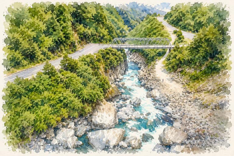 Free-things-to-do-in-haast-2 | Must Do New Zealand | Must Do New Zealand Aerial view of a rocky river canyon with turquoise water, a metal bridge, and forested green hills surrounding a winding road.