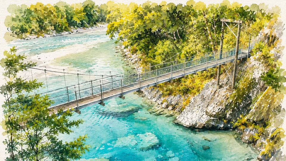 water color painting of Haast Pass bridge Suspension vehicle bridge crosses a bright turquoise river in a forested, rocky gorge.