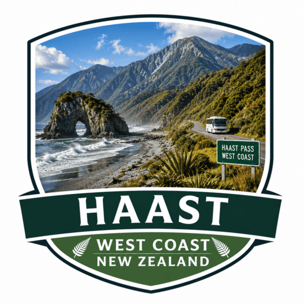 Logo for Haast West Coast, New Zealand, featuring a coastal mountain landscape inside a shield with a road and a green Haast Pass West Coast sign.