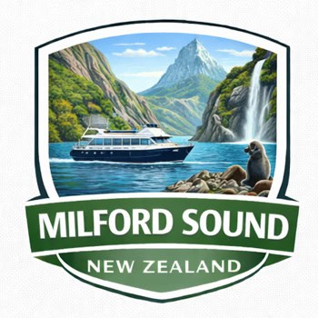 Milford Sound New Zealand logo: a blue and white boat on a fjord with green mountains, a waterfall, and the text 'MILFORD SOUND' over 'NEW ZEALAND'.