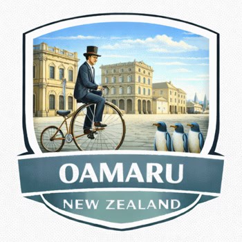 Oamaru, New Zealand logo: a man on a vintage bicycle beside penguins in front of historic buildings, inside a shield-shaped crest with a blue banner reading OAMARU, NEW ZEALAND.