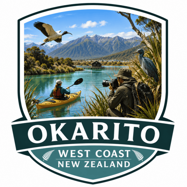 Okarito West Coast New Zealand logo featuring a kayaker, a photographer, and birds by a turquoise lake with mountains in the background.