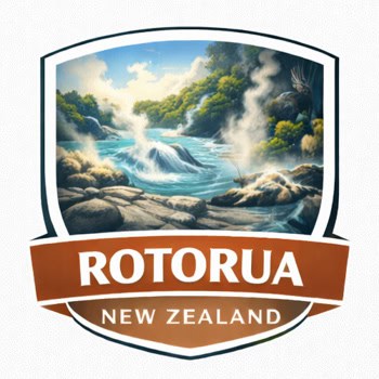Rotorua, New Zealand logo badge featuring a river and waterfall in a green canyon above a brown ribbon with the words 'ROTORUA' and 'NEW ZEALAND'