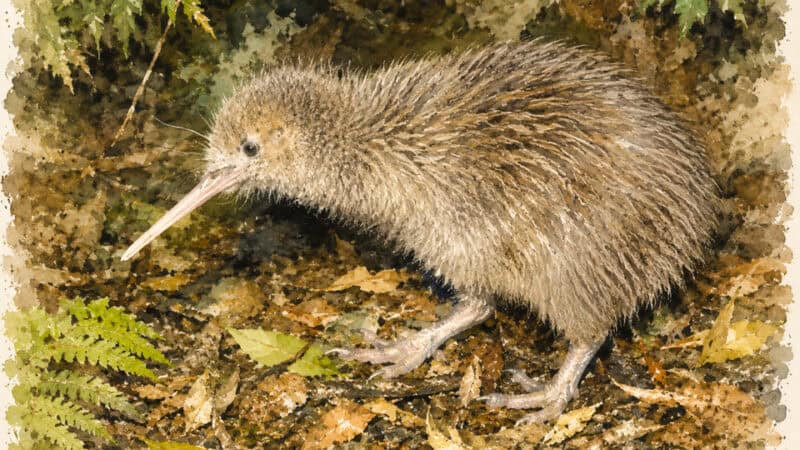 Brown, fuzzy, kiwi-like bird with a long pale beak standing on leaf litter in a forest floor.