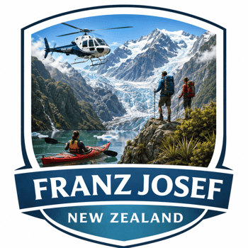 Franz Josef New Zealand logo with snowy mountains, helicopter, two hikers, and a kayaker in a boat on a blue banner.