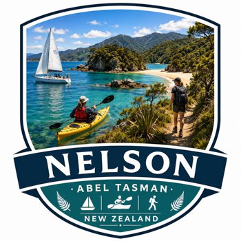 Nelson—Abel Tasman badge (New Zealand) with a sailboat, kayaker, and a hiker by blue water and an island.