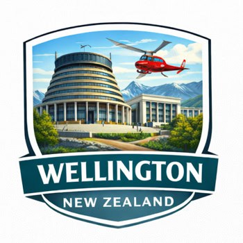 Shield badge reading WELLINGTON NEW ZEALAND with a domed circular building, a red helicopter, and mountains in the background.