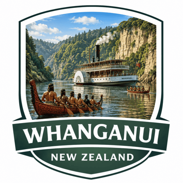 Whanganui, New Zealand tourism logo featuring a river steamer and Maori canoe against canyon scenery in a framed badge.