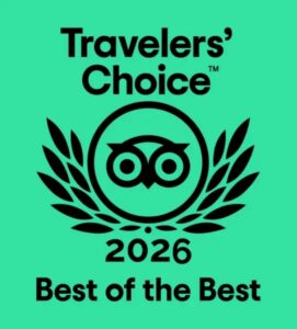 Travelers' Choice 2026 Best of the Best award badge with an owl and laurel on teal background.