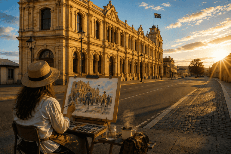 Street artist painting a framed scene on a sunny city street, with a grand neoclassical building in warm light behind her by sunset.