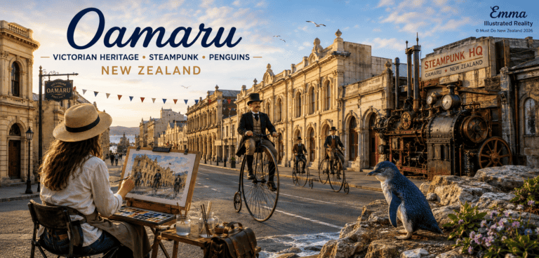 Free-things-to-do-in-oamaru-26 | Must Do New Zealand | Must Do New Zealand Oamaru's Victorian street scene: a painter at work while vintage bicycles ride by and a rusty steam locomotive sits along the harbor.
