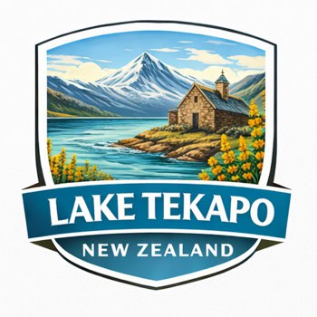 Logo badge for Lake Tekapo, New Zealand, showing a mountain lake scene with a stone church, yellow flowers, and a blue banner reading 'LAKE TEKAPO NEW ZEALAND'.
