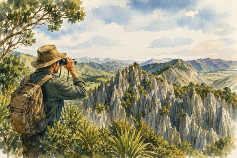 New-zealands-best-kept-secrets-15 | Must Do New Zealand | Must Do New Zealand Hiker with a backpack and wide-brimmed hat using binoculars to view jagged rock pinnacles in a scenic valley.