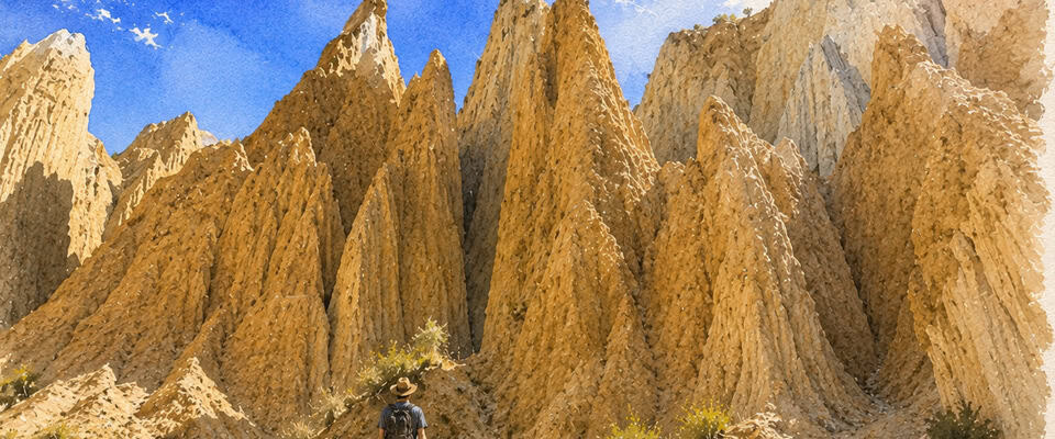 Hiker with a hat and backpack stands at the base of towering beige sandstone cliffs under a bright blue sky.
