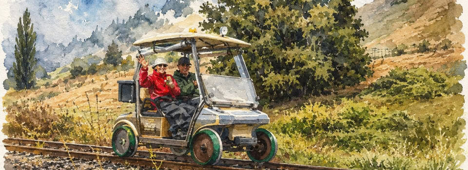 Two people riding a small open railcar along railroad tracks in a rural landscape, waving from the vehicle.