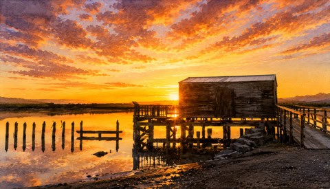 Okarito Sunset over a calm inlet with a weathered boathouse on stilts beside a wooden pier and posts in the water.