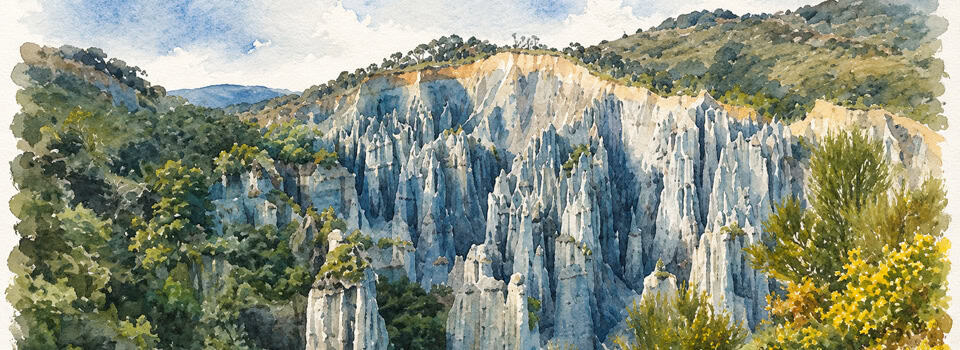 Watercolor landscape of a canyon with tall white limestone spires and surrounding green trees under a blue sky.