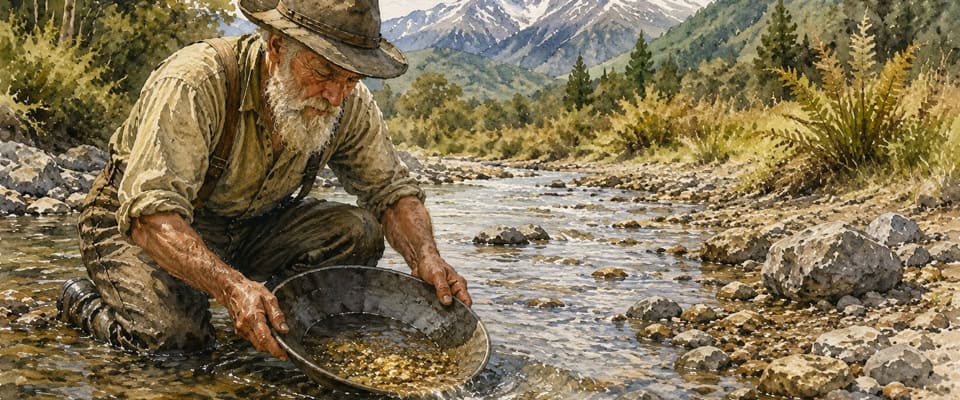An elderly man panning for gold in a shallow mountain stream, kneeling with a pan in water and rocky shorelines around him.