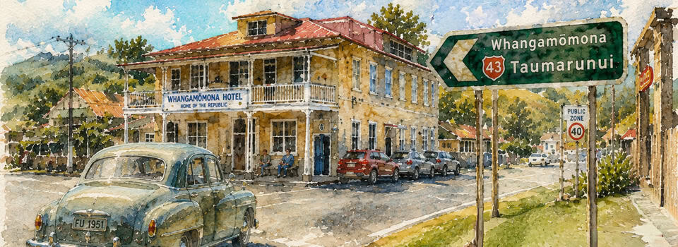 Watercolor street scene in Whangamomona featuring the Whangamomona Hotel, a vintage car, and a green road sign to Taumarunui.
