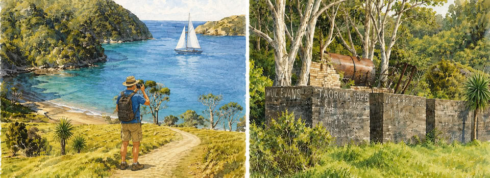 Hiker taking a photo along a coastal path with blue sea and a sailboat in the distance (panoramic split image).