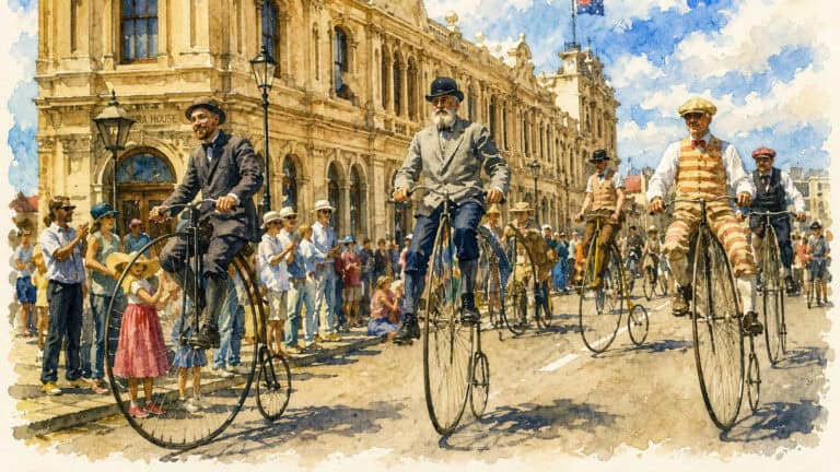 Vintage parade of high-wheel bicycles on a sunlit city street, spectators lining the pavement.