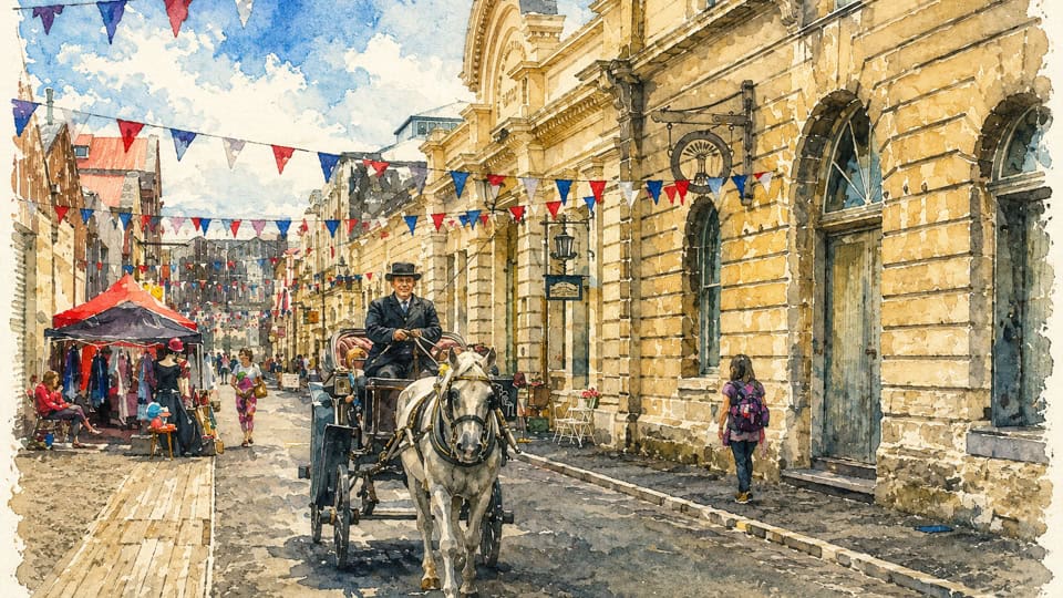 Water Colr - Horse-drawn carriage on a festive street with bunting banners and a market on the left. Oamaru