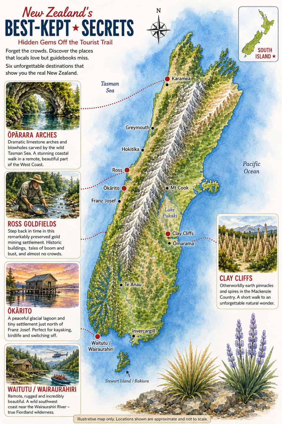 Illustrated map of New Zealand highlighting hidden gems along the South Island and coast, including Oparara Arches, Ross Goldfields, and Clay Cliffs with a compass rose and watercolors.