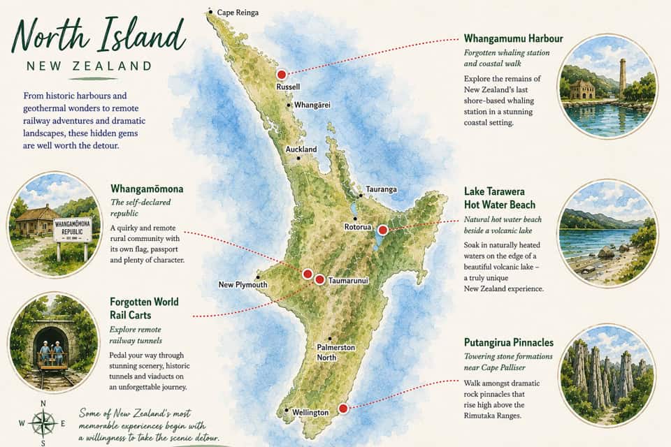 Stylized map of New Zealand's North Island showing key towns and tourist sites (Whanganui, Rotorua, Taumarunui, Wellington) with circular photo insets on the sides.”} ,