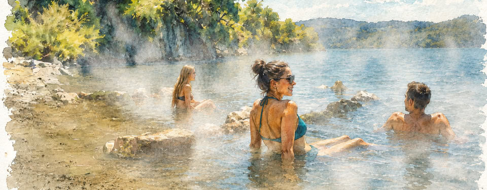 Three people relaxing in a shallow outdoor pool or spring by a rocky, tree-lined shore on a sunny day with steam rising from the water.