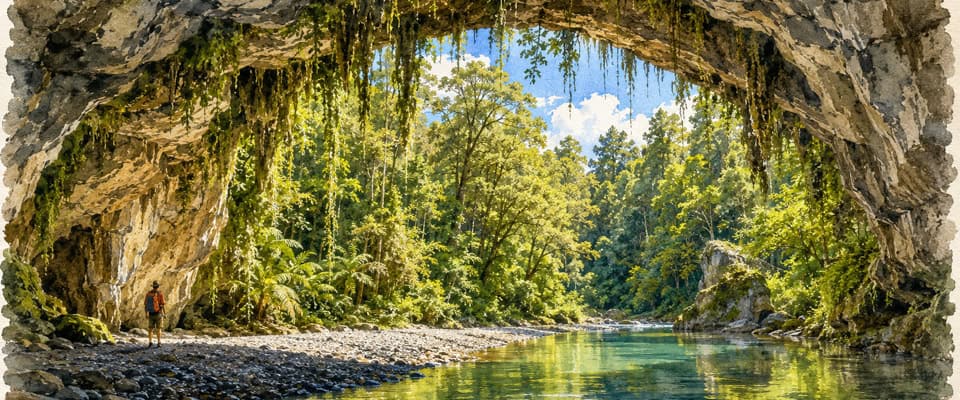 Hiker stands on a pebbled shore at the cave opening, with a calm river and dense greenery beyond.