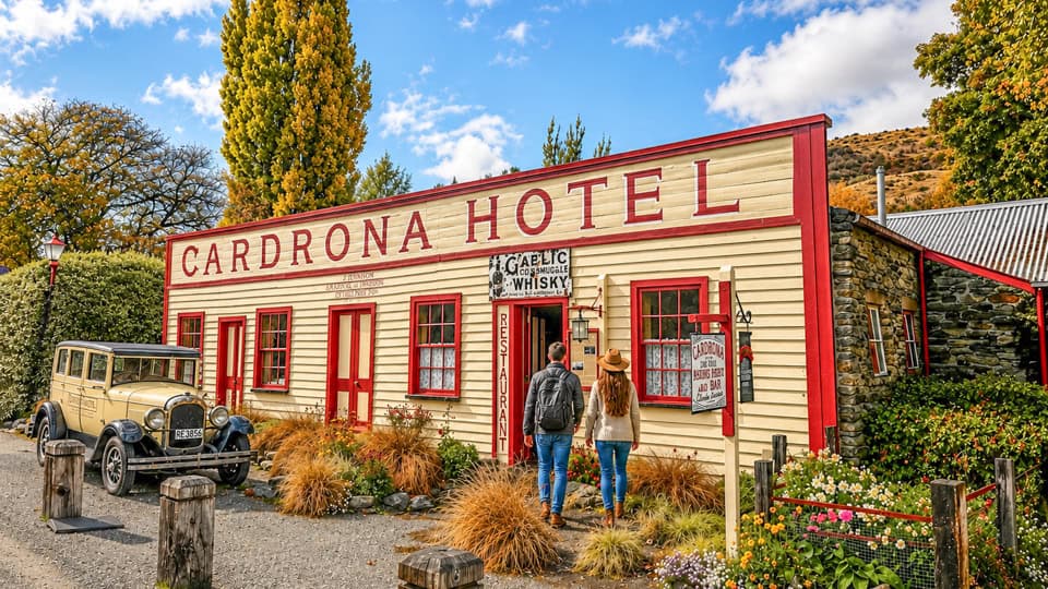 Front of Cardrona Hotel with red trim; a vintage beige car is parked outside as a couple walks toward the entrance.