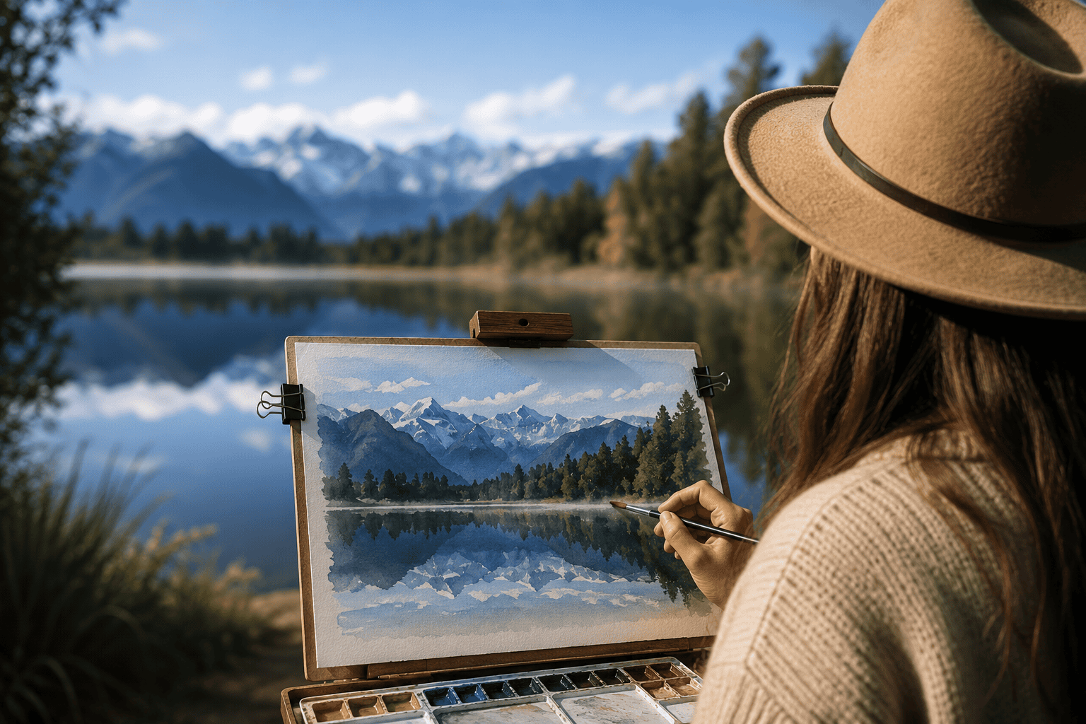 Artist in a beige sweater and hat paints a mountainous lake landscape on a watercolor pad beside a calm lake.