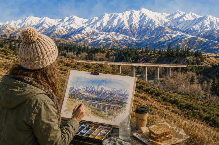 Emma on west Coast-14 | Must Do New Zealand | Must Do New Zealand Artist painting a snowy mountain landscape on a portable easel outdoors, with a cup of coffee and a sandwich nearby.