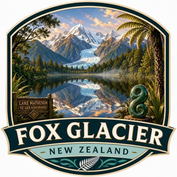 Logo for Fox Glacier, New Zealand, featuring a mountain lake scene with snow-capped peaks and lush trees, and a curved banner reading 'FOX GLACIER' with 'NEW ZEALAND' underneath.