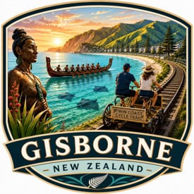 Gisborne, New Zealand logo featuring a coastal track, paddle boat, M?ori statue, and Twin Coast Cycle Trail sign along a scenic shoreline.