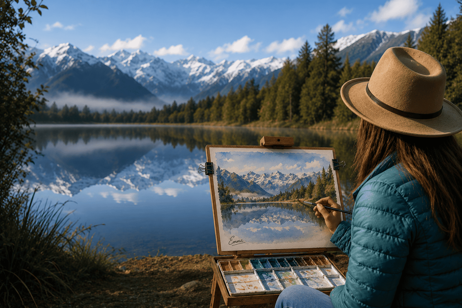 Artist wearing a tan hat paints a mountain landscape on a portable easel beside a calm, reflective lake.