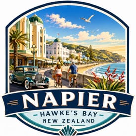 Napier Hawke's Bay New Zealand logo featuring a coastal street scene with a vintage car, cyclists, palm trees,