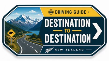 Sign graphic advertising a New Zealand driving guide, featuring a winding mountain road and the text 'Destination to Destination' with a yellow 'Driving Guide' banner.