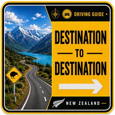 New Zealand driving guide sign: 'Destination to Destination' with a winding mountain road beside a blue lake and alpine scenery.