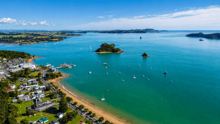 Paihia-Waterfront | Must Do New Zealand | Must Do New Zealand Aerial view of a coastal town with a sandy beach, green hills, and numerous boats on a turquoise bay.
