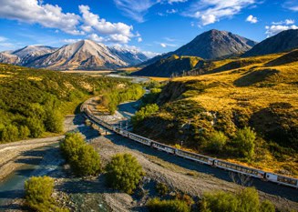 Railway tracks wind through a green valley with a river, mountains, and a bright blue sky above.