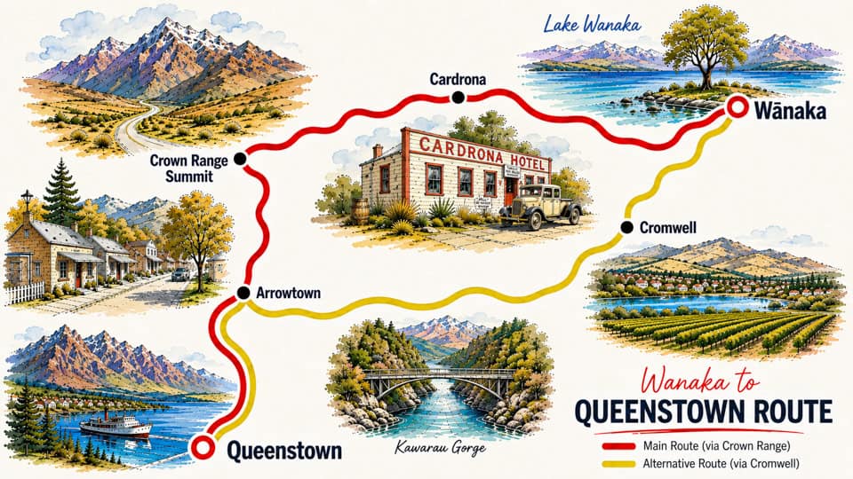 Map of Queenstown route with main red Crown Range path and yellow Cromwell alternative, showing Wanaka, Arrowtown, Cardrona, Cromwell, Kawarau Gorge, and Queenstown.