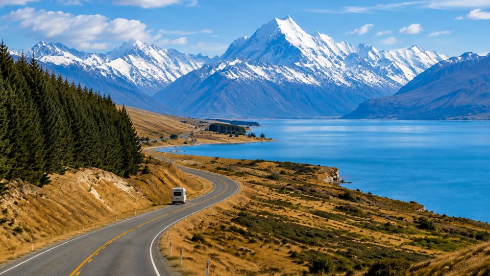 RV travels along a winding road beside a blue lake, with pine trees on the left and snow-capped mountains in the distance.
