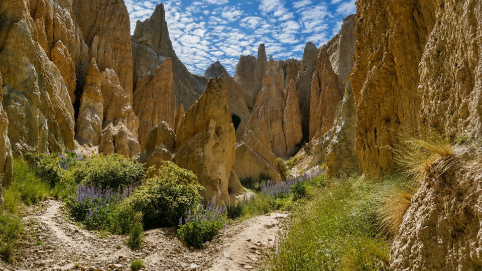 Winding dirt path through tall eroded rock formations in a desert canyon, with purple flowers and green shrubs beneath a blue sky.