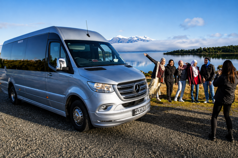 Group of friends posing next to a silver Mercedes-Benz Sprinter van on a gravel road by a lake, with snow-capped mountains in the background.