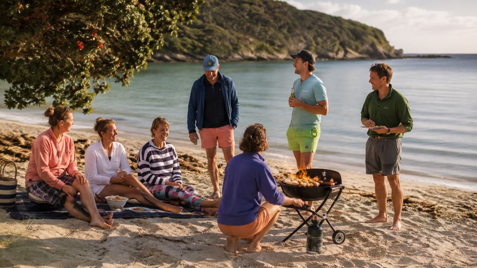 Group of friends on a sunny beach having a barbecue, sitting on a blanket and chatting near calm water.