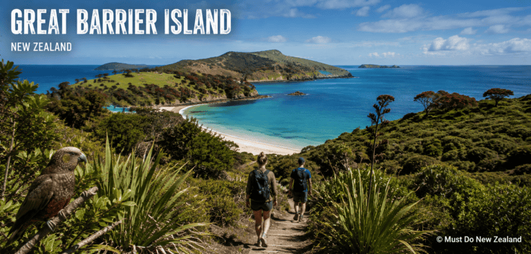 Great-Barrier-Island-1 | Must Do New Zealand | Must Do New Zealand Two hikers walk along a coastal trail on Great Barrier Island, New Zealand, with turquoise bay, green hills, and a blue sky. A parrot perches on the foreground branch.