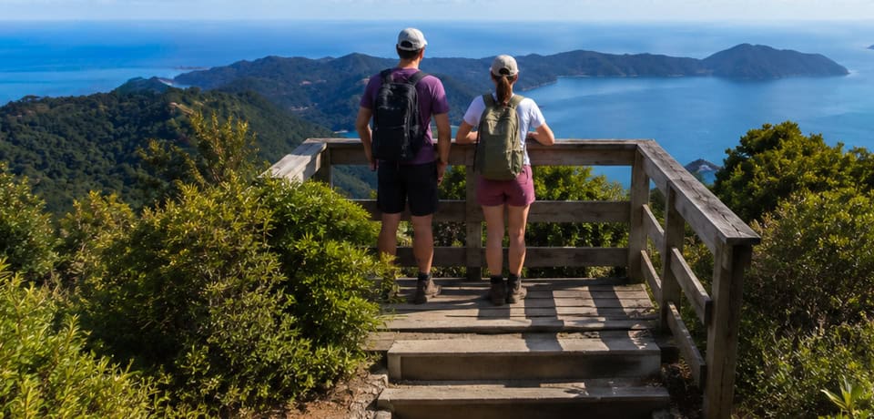 Two hikers with backpacks stand on a wooden viewing platform, looking out over green hills and a blue sea with distant islands.